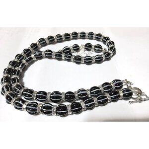Black & Silver Bead Necklace And Earrings Set With Crystal Accents